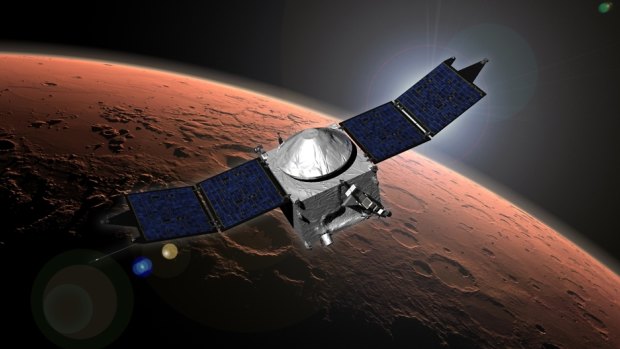 An artist's concept of NASA's Mars Atmosphere and Volatile EvolutioN (MAVEN) mission.