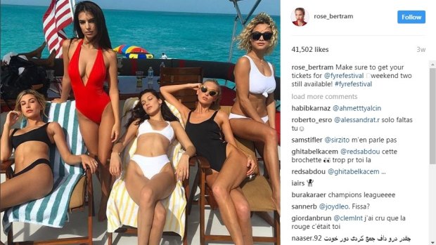 Model Rose Bertam, pictured with fellow models including Bella Hadid and Emily Ratajkowski, promoting Fyre Festival on Instagram.