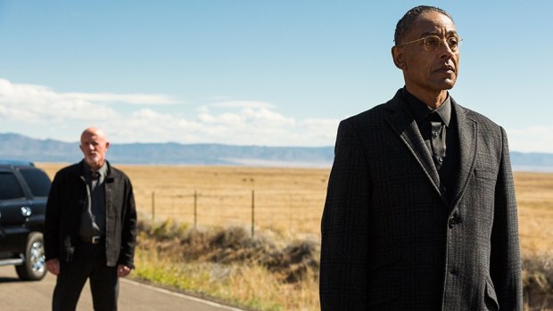 Jonathan Banks as Mike Ehrmentraut and Giancarlo Esposito as drug czar Gus Fring in Better Call Saul.