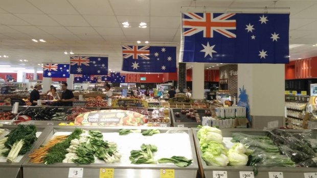 A Brisbane Times reader snapped these "Australian flags" at the Coles supermarket in Toowong, Brisbane. The Southern Cross is facing the wrong way and the Union Jack is also reversed.