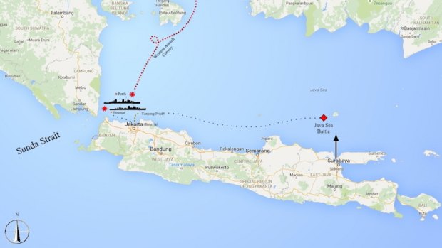 The journey of HMAS Perth and USS Houston from the Battle of the Java Sea to the Sunda Strait, where both were sunk on the night of February 28/March 1, 1942.