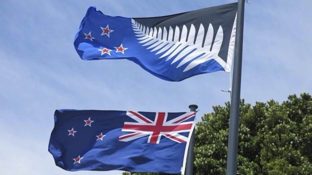 New Zealand flags, current (with Union Jack) and proposed (Silver Fern). 