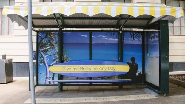 This beach-themed bus shelter is near the Rendezvous Hotel on Ann St as part of a new advertising campaign.