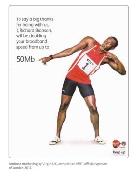 Example of ambush marketing from the 2012 London Olympics. Virgin Mobile used the image of a famous Olympian, but made no mention of the Games. It was not an official sponsor.