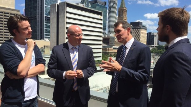 Fishburner's Murray Hurps, ISPT Chris McCluskey, Lord Mayor Graham Quirk and Little Tokyo Two Jock Fairweather on top of the Zara Building