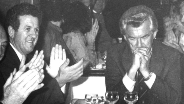 Mick Young and Bob Hawke at a function at the APIA Club in Leichhardt, Sydney, February 1982. 