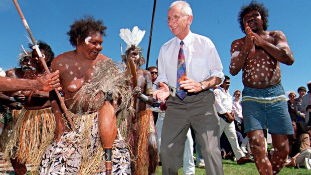 Hard-working: The late senator Brian Harradine, who fought for compromise with the Howard government over native title legislation, dances in front of Parliament House in 1997 with Gladys Tybingoompa and her Wik people.