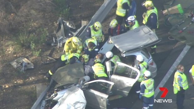 Emergency services respond to the crash on the Hume Highway.