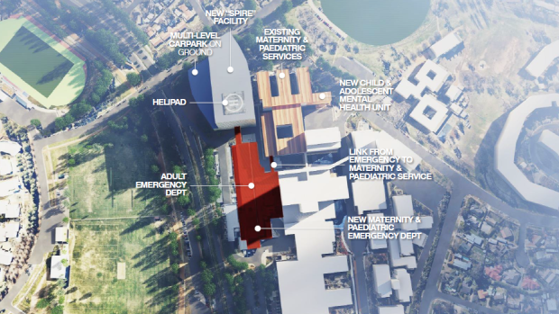 A plan of Labor's promised expansion of the Canberra Hospital, with a new "SPIRE Centre" at the Kitchener Street end of the campus, and a new emergency department, with the current emergency department dedicated to maternity and children.