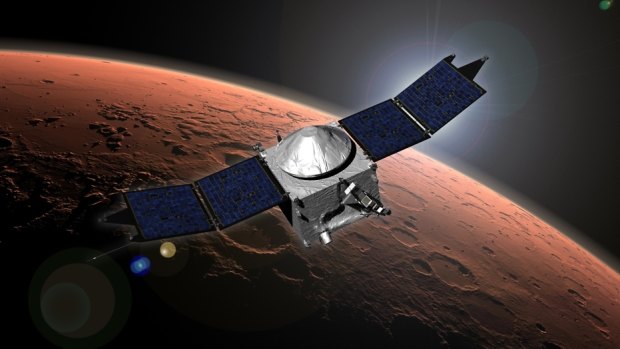 Artist concept of NASA's Mars Atmosphere and Volatile EvolutioN (MAVEN) mission.