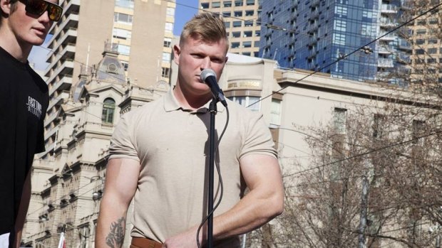 Blair Cottrell, the new head of the United Patriots Front, at a rally in Melbourne.