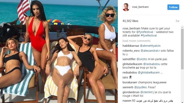 Model Rose Bertam, pictured with fellow models including Bella Hadid and Emily Ratajkowski, promoting Fyre Festival on Instagram.