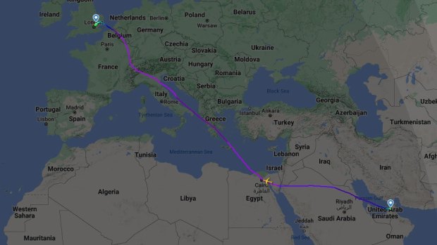 The flight diverged from the typical routes between the UAE and London, avoiding flying over Iraq and Iran.