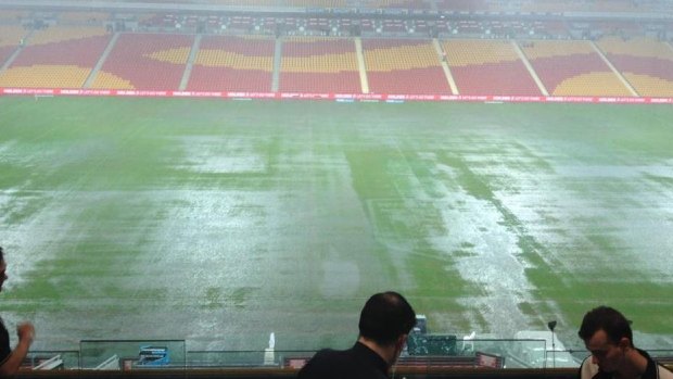 Waterlogged: The view from the press box at Suncorp Stadium.