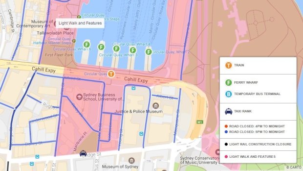 A map of road closures around Circular Quay during Vivid Sydney 2017.