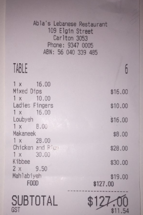 Receipt from Abla's for Karl Quinn's lunch with Rob Shehadie and Tahir Bilgic.