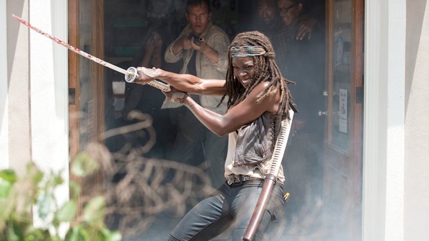 Michonne (Danai Gurira) puts her katana to use in <i>The Walking Dead</i> season 6 episode 3 'Thank You'.