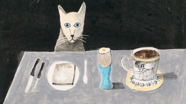 Cat at table, 2015 by Noel McKenna, part of the Popular Pet Show exhibition at the National Portrait Gallery.