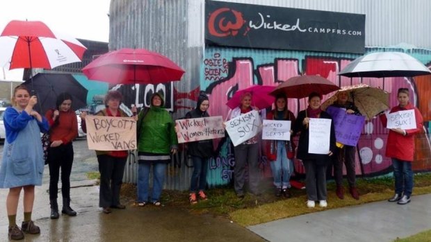 Protesters outside Wicked Campers in Brisbane in 2014.