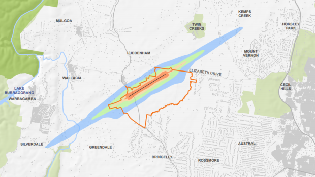 A map released by the federal government showing the noise contours from a proposed Badgerys Creek airport.