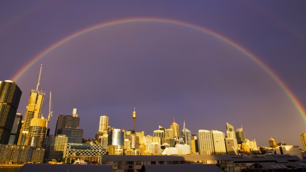A double rainbow over the Sydney CBD as seen from the roof of the Fairfax Building, Pyrmont.