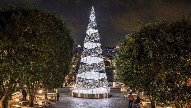Lit up: King Street Wharf's 13-metre-high Christmas tree. 