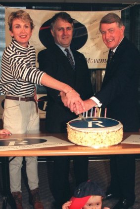 Close allies in the Republican Movement: Celebrating the movement's 7th birthday from left, Wendy Machin, Malcolm Turnbull and Neville Wran.