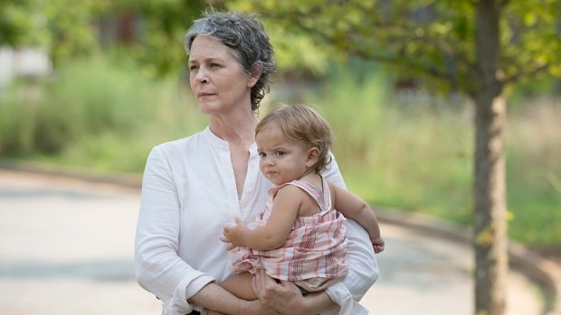 Carol (Melissa McBride) is left holding the baby, but not for long, in The Walking Dead season 6 episode 7 'Heads Up'.