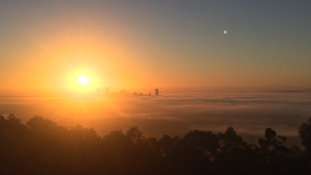 Fog covered Brisbane on Monday morning.