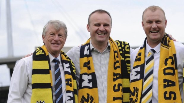 From left: Capital Football president Mark O'Neill, ACT Chief Minister Andrew Barr, Mariners boss Shaun Mielekamp.