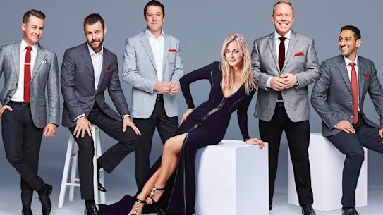 TV Week Gold Logie nominees L-R: Grant Denyer, Rodger Corser, Samuel Johnson, Jessica Marais, Peter Helliar, Waleed Aly.