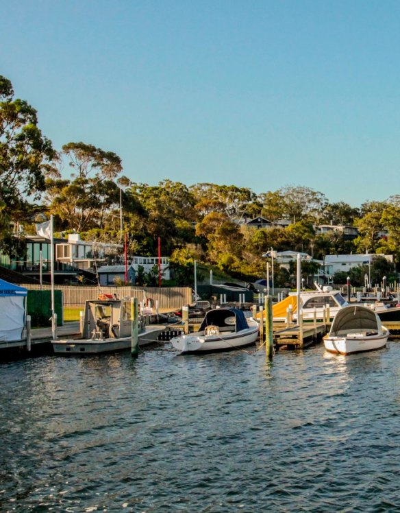 The Metung Hotel with its view out over the boats bobbing in Bancroft Bay.