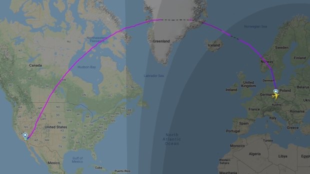 Flight QF6006's route from Dresden, Germany to Victorville, US. 