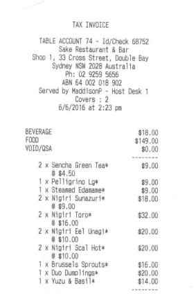 Receipt for lunch with Sam Neill