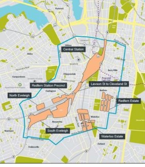 The Central to Eveleigh Study Area, marked with a blue line. Government-owned land is marked in orange.