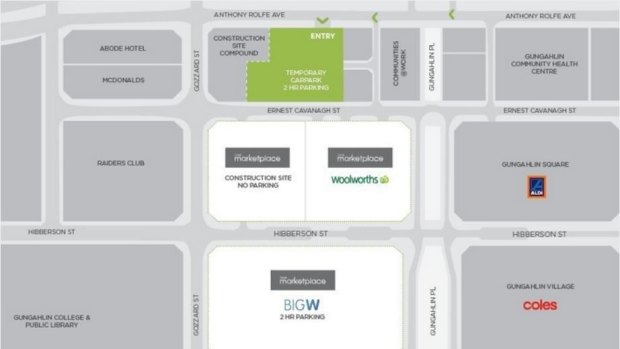 A map showing the location of a new car park and a temporary car park at the Gungahlin town centre.