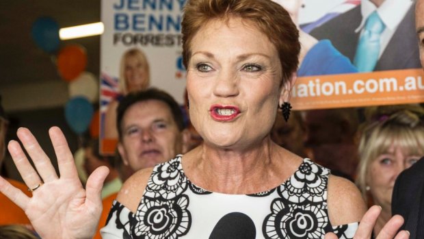 Pauline Hanson during her live crosses at the Melville Bowling Club in Perth during the WA election.