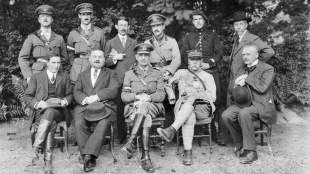 The French Economic Mission to Australia with Australian liaison officers, September 1918. General Paul Pau, second from right, drapes his famously empty right sleeve over his chair. Commandant d'Andre is behind him.