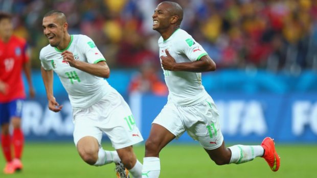 Yacine Brahimi of Algeria celebrates scoring his team's fourth goal.