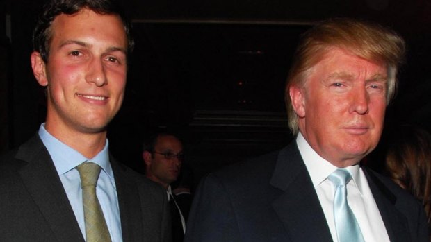 US President Donald Trump with his son-in-law Jared Kushner, who Mr Trump says will broker peace in the Middle East.