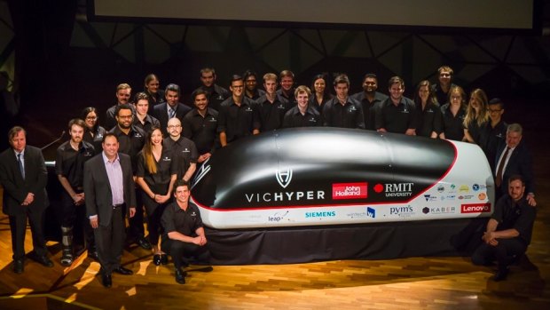 The VicHyper team with its prototype Hyperloop rail pod. 