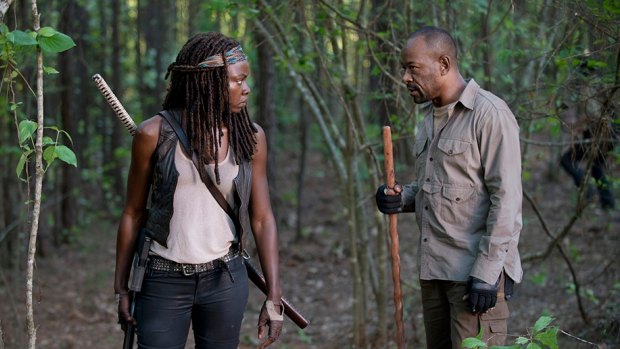 Er, how do you sharpen that thing?: Morgan Jones (Lennie James) carries a very big stick, but Michonne (Danai Gurira)  prefers a more traditional sort of weapon.