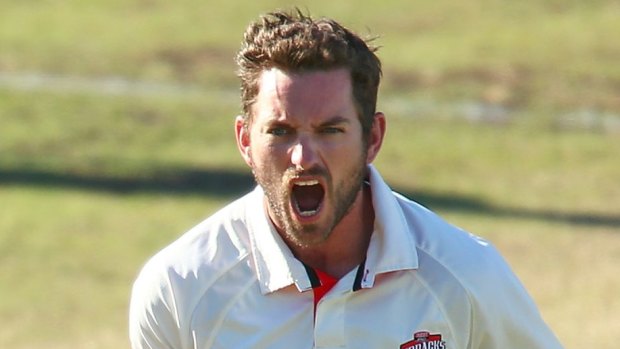 Chadd Sayers celebrates after dismissing Adam Voges for a duck.