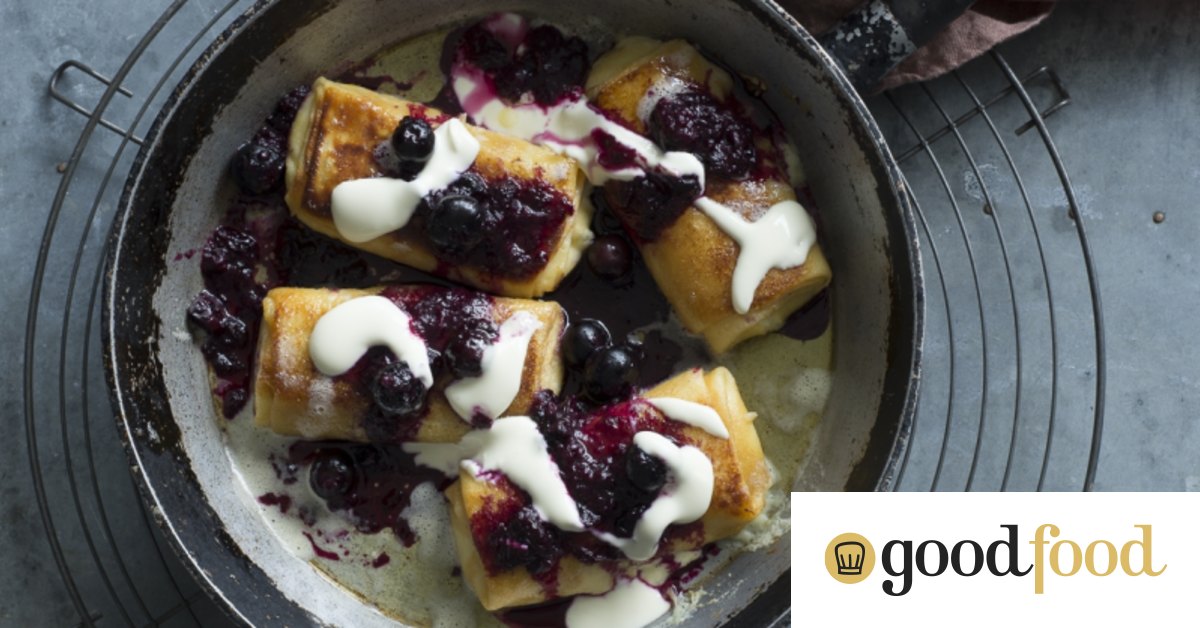 Cheese blintzes with blueberry compote
