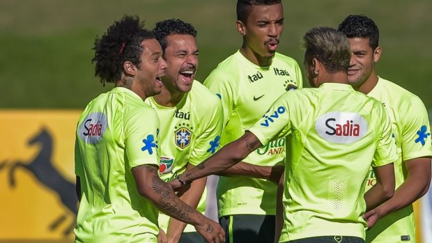 Joking around: (L-R) Marcelo, Fred, Luis Gustavo, Neymar and Hulk at Brazil training.