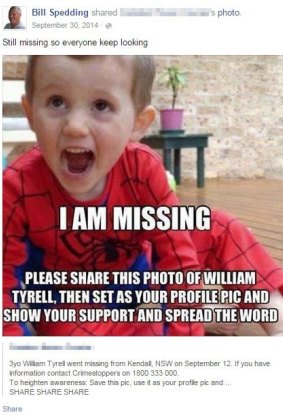 A Facebook post from William Spedding about missing toddler William Tyrell. 
