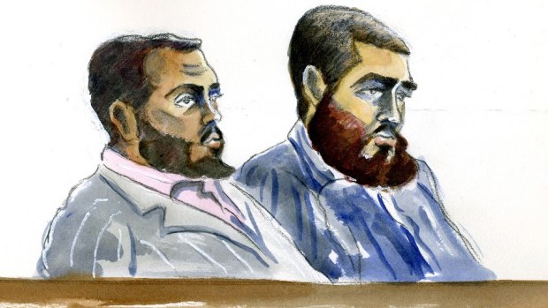 A sketch of Saney Aweys (left) and Nayef El Sayed in court in 2009.