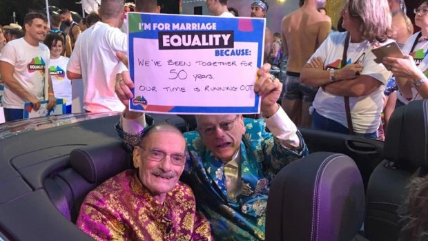 Peter Bonsall-Boone (left) and Peter de Waal at the Gay Mardi Gras. "Bon" was an active supporter of the Gay Rights Lobby, which had formed in 1980 to steer a law reform movement in NSW.