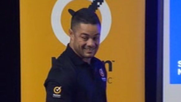 NRL superstar Jarryd Hayne has been caught in an embarrassing pornography gaffe while presenting an online safety talk at a Gold Coast high school.
