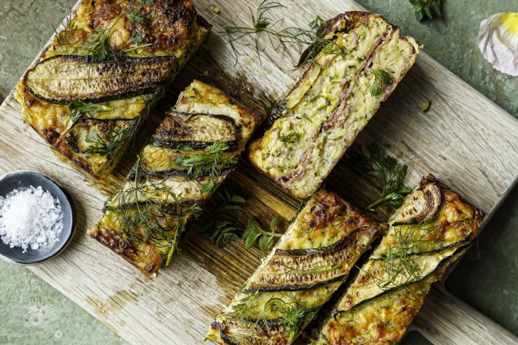 Zucchini slice with a hidden layer of bacon.